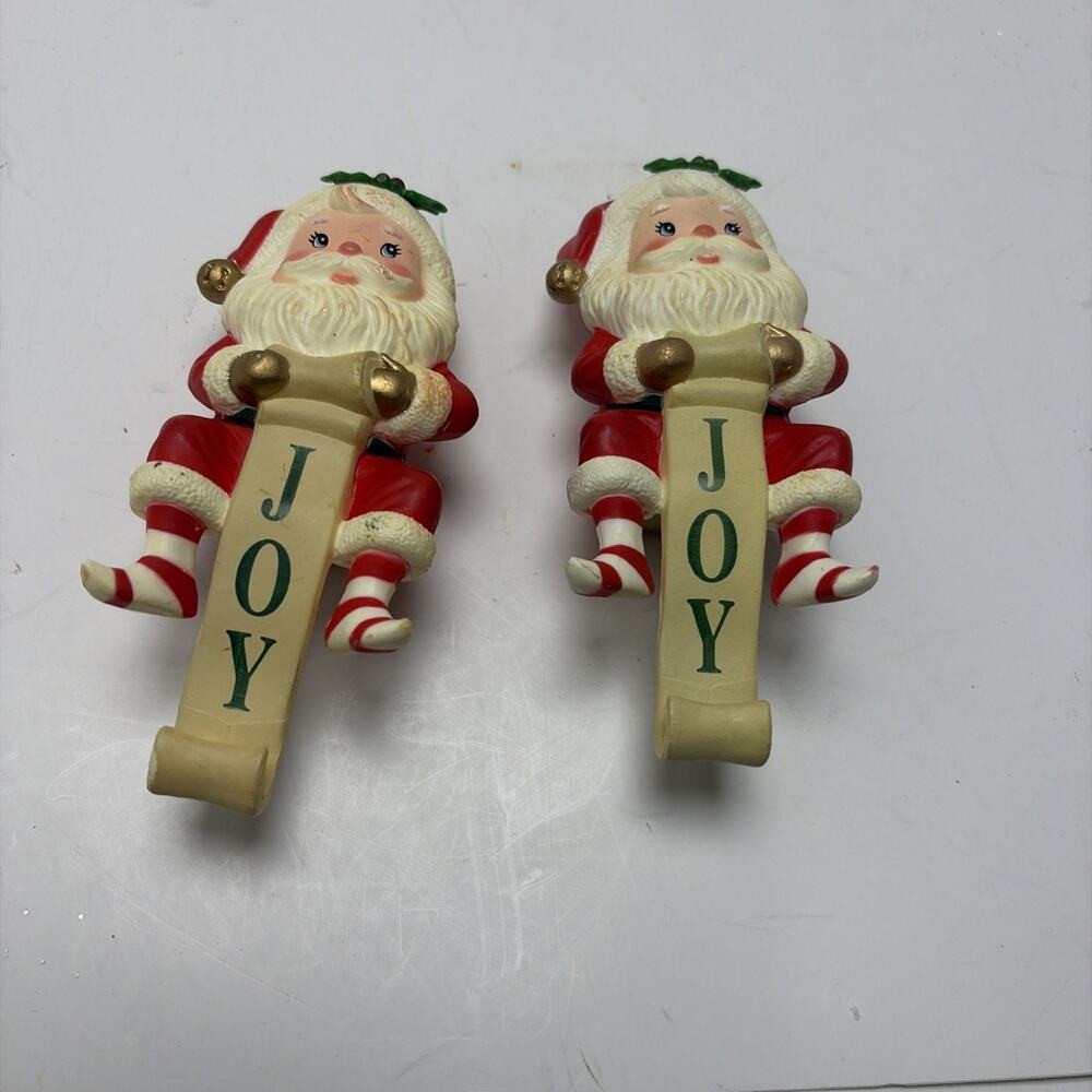 Pair 2 Russ Berrie Santa JOY Christmas Stocking Hanger Hong Kong Vintage